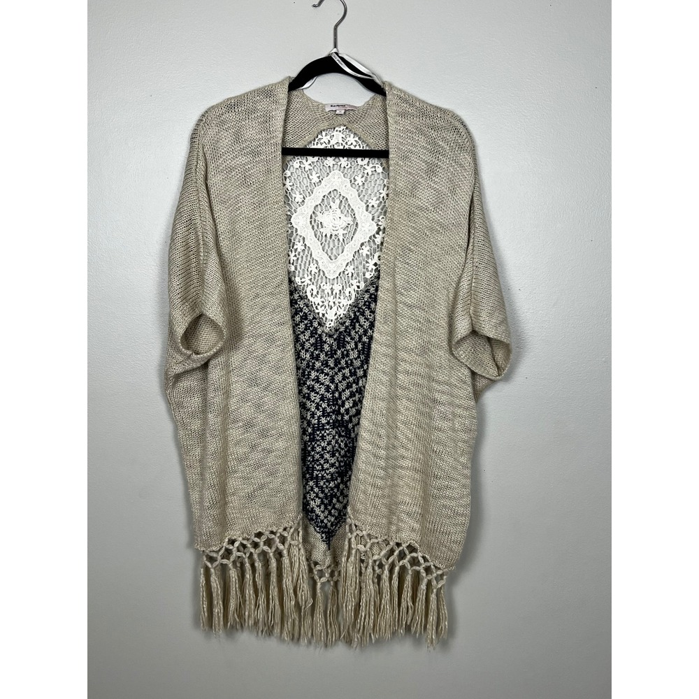 Blu Pepper Vintage Beige Crochet Lace Back Fringe Cardigan Sweater Womens Medium